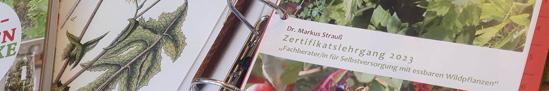 Das Bild zeigt eine Nahaufnahme eines geöffneten Ordners mit Seiten, die botanische Illustrationen und Text enthalten. Auf einer Seite ist eine detaillierte Zeichnung einer Pflanze mit beschrifteten Teilen zu sehen. Die gegenüberliegende Seite enthält folgenden Text: „Dr. Markus Strauß Zertifikatslehrgang Fachberater/in für Selbstversorgung mit essbaren Wildpflanzen‘“ Das Bild vermittelt den Eindruck eines professionellen Lehrmaterials oder Schulungsdokuments im Bereich Wildpflanzen und Selbstversorgung. 