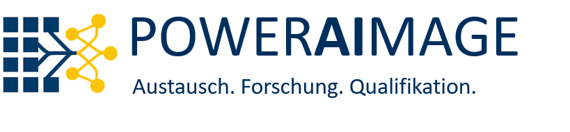 Logo von PowerAImage. Auf dem Bild steht der Name des Projektes und darunter die Begriffe "Austausch", "Forschung" und "Qualifikation".