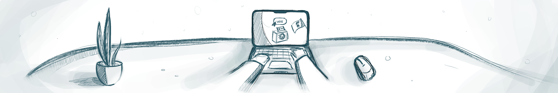 Das Bild ist eine Skizze eines Arbeitsplatzes. Im Zentrum steht ein Laptop mit geöffnetem Bildschirm, auf dem Symbole zum Thema „Wahlen“ zu sehen sind – darunter ein Wahlurne-Symbol und ein Briefumschlag. Links auf dem Tisch befindet sich eine Topfpflanze, rechts eine Computermaus. Der Hintergrund ist minimalistisch gehalten und enthält einige abstrakte Linien und Formen.