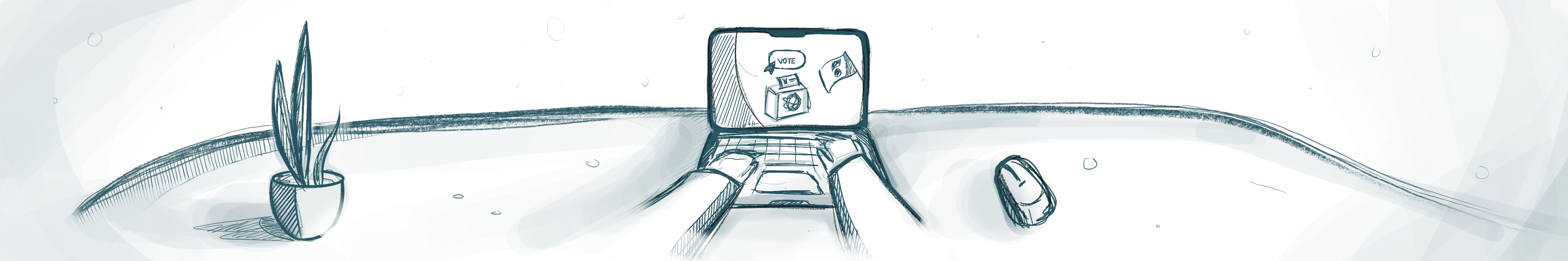 Das Bild ist eine Skizze eines Arbeitsplatzes. Im Zentrum steht ein Laptop mit geöffnetem Bildschirm, auf dem Symbole zum Thema „Wahlen“ zu sehen sind – darunter ein Wahlurne-Symbol und ein Briefumschlag. Links auf dem Tisch befindet sich eine Topfpflanze, rechts eine Computermaus. Der Hintergrund ist minimalistisch gehalten und enthält einige abstrakte Linien und Formen.