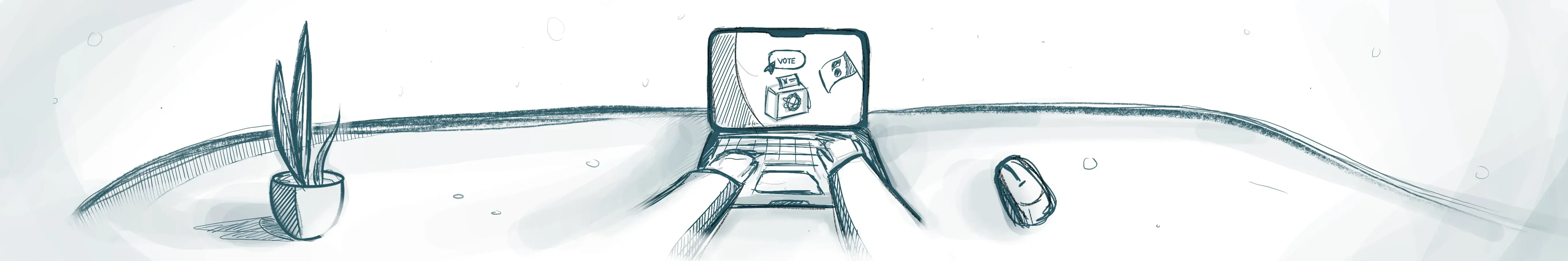 Das Bild ist eine Skizze eines Arbeitsplatzes. Im Zentrum steht ein Laptop mit geöffnetem Bildschirm, auf dem Symbole zum Thema „Wahlen“ zu sehen sind – darunter ein Wahlurne-Symbol und ein Briefumschlag. Links auf dem Tisch befindet sich eine Topfpflanze, rechts eine Computermaus. Der Hintergrund ist minimalistisch gehalten und enthält einige abstrakte Linien und Formen.