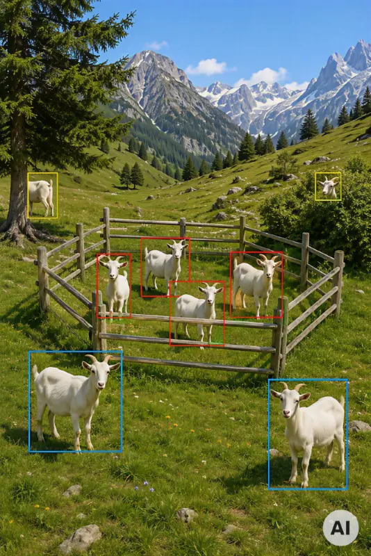 Bild zeigt Ziegen auf einer Wiese. Manche innerhalb eines Zaunes, manche außerhalb. Einige Ziegen sind ganz zu sehen, manche nur zum Teil. Um die Ziegen sind Bounding Boxen gezeichnet. Das Bild illustriert eine HErausforderung beim Labeling von Daten für Computer Vision Modelle: Welche Objekte werden berücksichtigt und welche nicht? Das Bidl ist mit KI generiert.