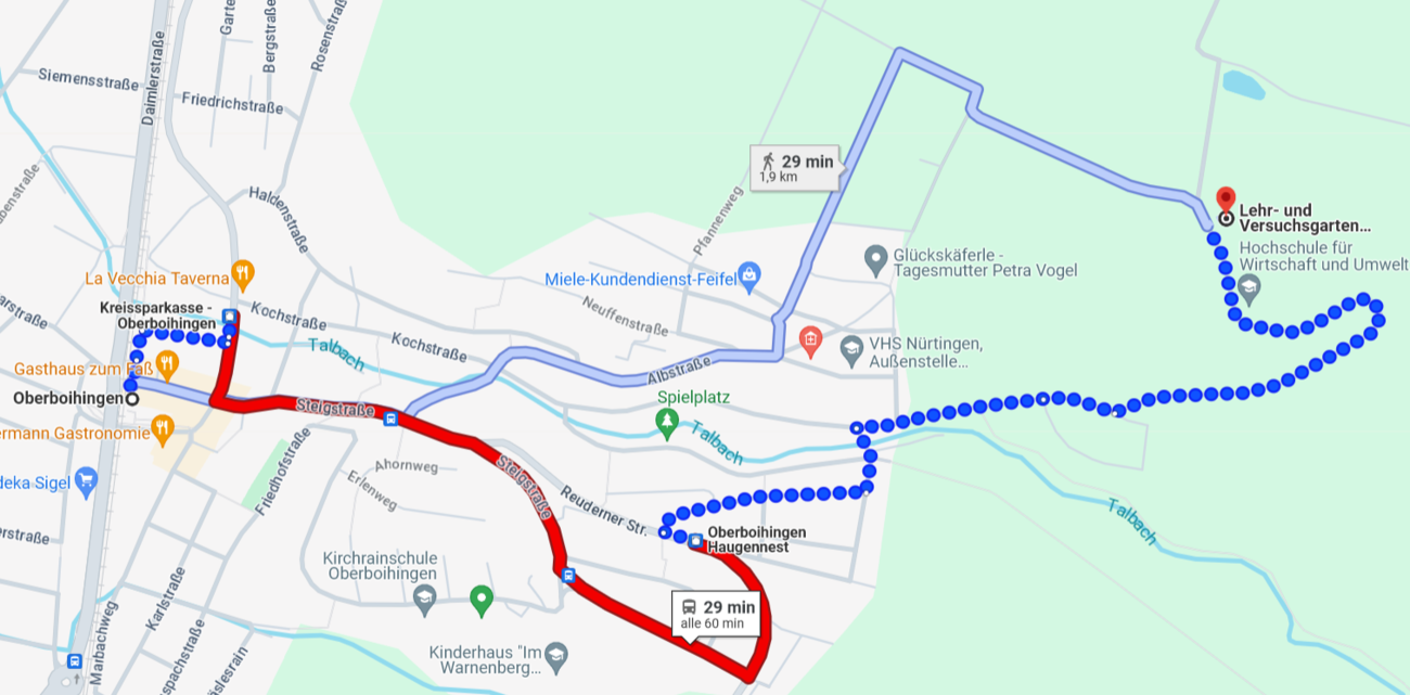 Karte mit eingezeichnetem Fußweg von Oberboihingen nach Tachenhausen