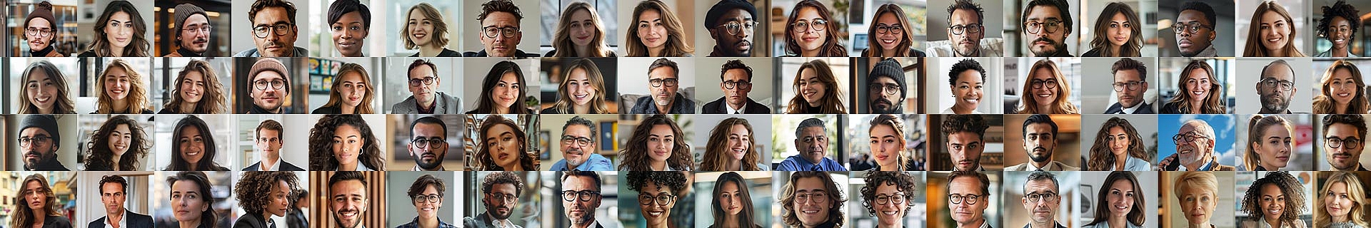 Das Bild zeigt eine Collage aus zahlreichen Personen, die in einem Rasterformat angeordnet sind – mit mehreren Reihen und Spalten. Jede Zelle enthält eine einzelne Person. Die Gesichter sind unscharf oder anonymisiert, um die Privatsphäre zu wahren. Die Hintergründe der einzelnen Bilder variieren und zeigen unterschiedliche Innenräume wie Büros, Bibliotheken oder andere Arbeitsumgebungen. Das Bild steht symbolisch für Vielfalt, Gemeinschaft und digitale Vernetzung.