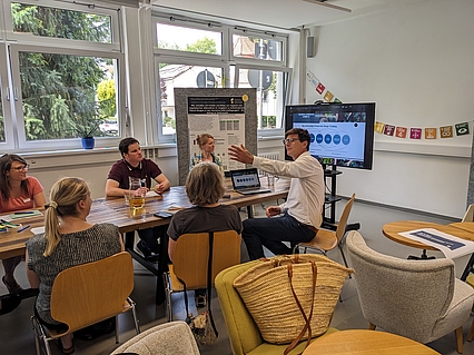 Teilnehmnde des Workshops am Tisch sitzend vor dem Präsentationsbildschirm