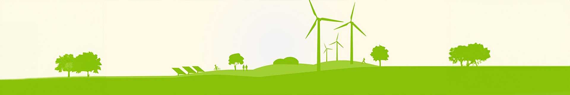 Das Bild zeigt eine grüne Landschaft mit mehreren Elementen, die erneuerbare Energien und Natur symbolisieren. Zu sehen sind Windkraftanlagen, Solarpanels, Bäume und kleine Hügel. Der Hintergrund ist hell gehalten, wodurch die grünen Elemente im Vordergrund besonders hervorgehoben werden.