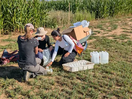 Camila und Hiwis bereiten die Probensammlung vor
