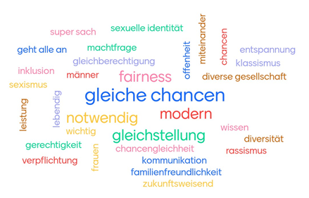 Wortwolke mit verschiedenen Megirffen zu Diversität, u.a. gleichen Chancen, modern, Gleichstellung, Inklusion, diverse Gesellschaft. Verpflicgtung, Kommunikation, etc.
