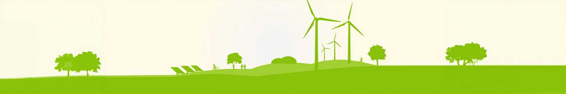 Das Bild zeigt eine grüne Landschaft mit mehreren Elementen, die erneuerbare Energien und Natur symbolisieren. Zu sehen sind Windkraftanlagen, Solarpanels, Bäume und kleine Hügel. Der Hintergrund ist hell gehalten, wodurch die grünen Elemente im Vordergrund besonders hervorgehoben werden.